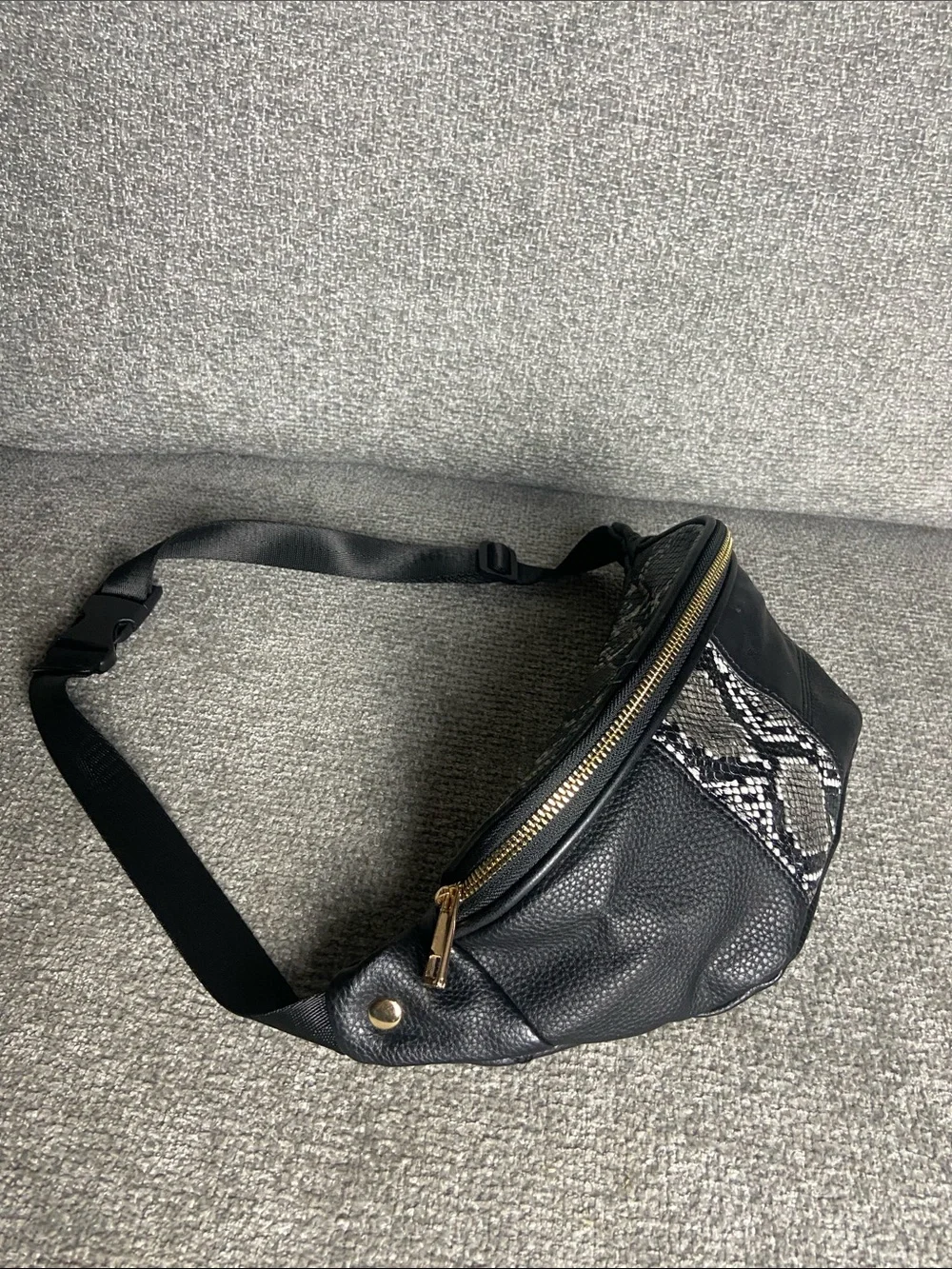 Black Faux Leather Crossbody Waist Bag with Snake-Print Panel